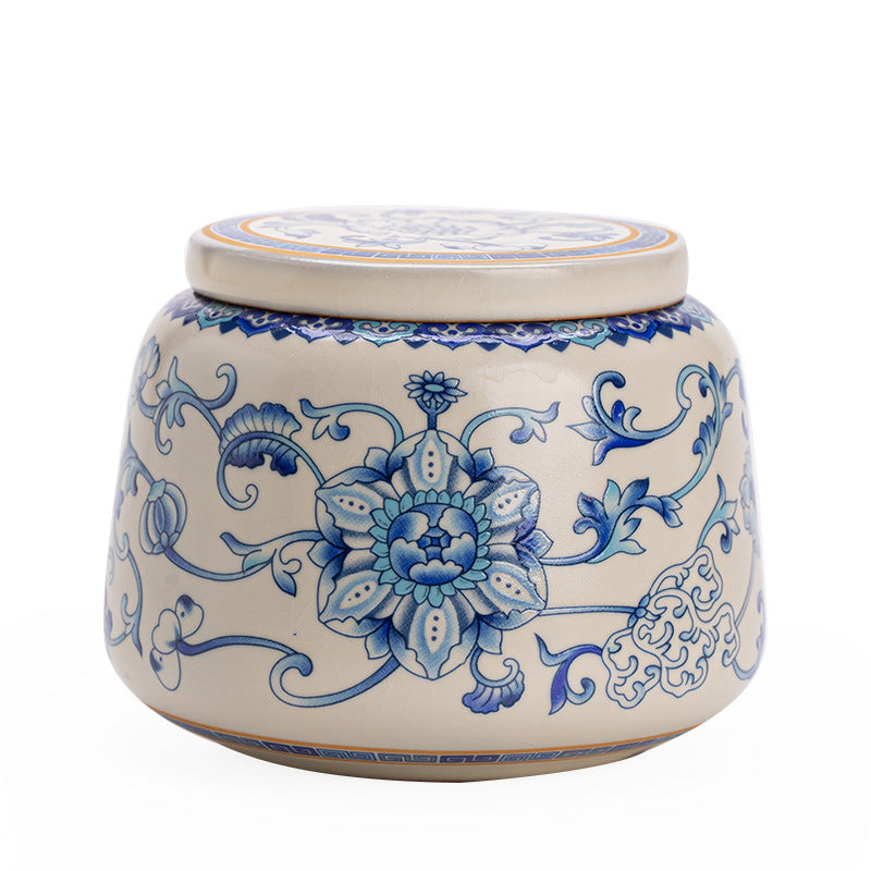 Authentic Jingdezhen Ru Ware Celadon & Blue-and-White Lotus Scroll Tea Caddy - 150g Airtight Ceramic Tea Caddy Storage Jar