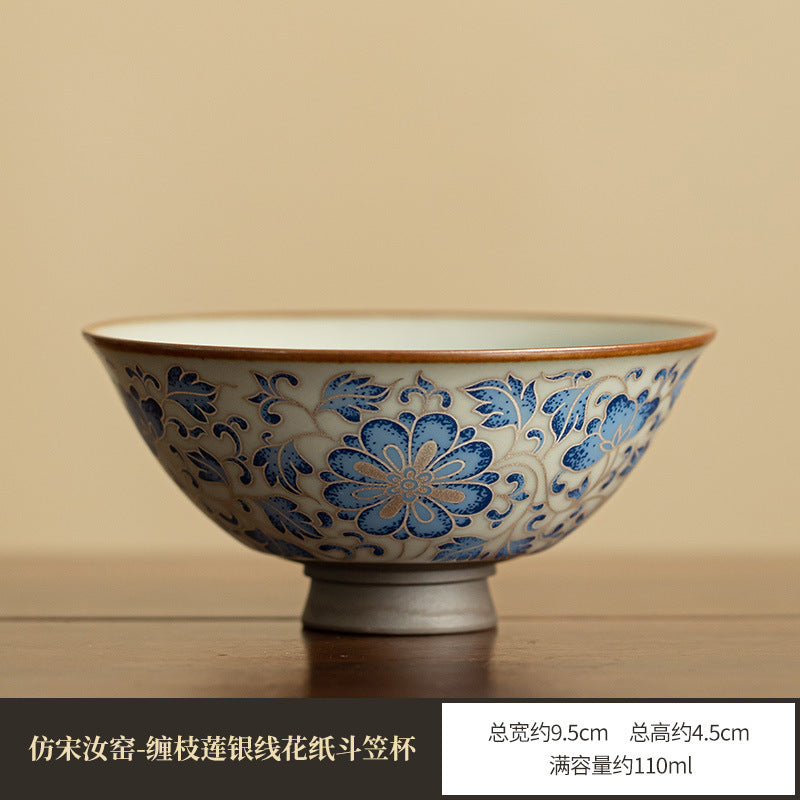 Authentic Jingdezhen Antique Blue & White Pure Silver-Inlaid Lotus Scroll Master Tasting Cup - 85ml Gongfu Teacup