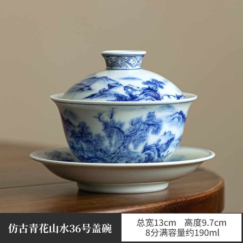 Authentic Jingdezhen Luxury Underglaze Blue & White Large Sancai Gaiwan & Tasting Cup Suite - 180ml Gaiwan Tea Bowl Set