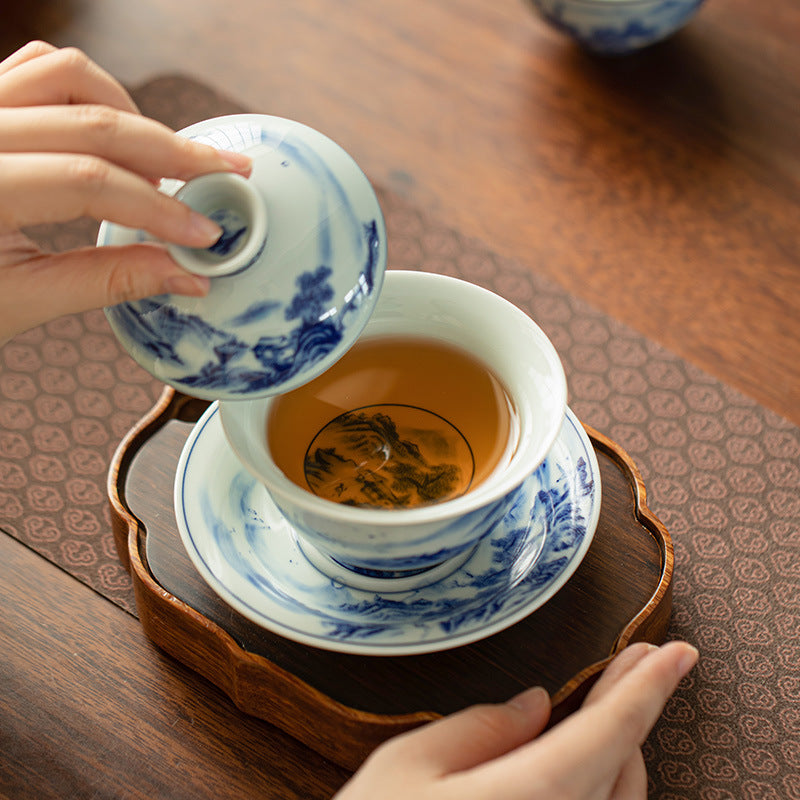 Authentic Jingdezhen Luxury Underglaze Blue & White Large Sancai Gaiwan & Tasting Cup Suite - 180ml Gaiwan Tea Bowl Set