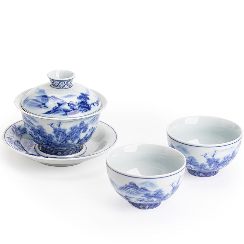 Authentic Jingdezhen Luxury Underglaze Blue & White Large Sancai Gaiwan & Tasting Cup Suite - 180ml Gaiwan Tea Bowl Set
