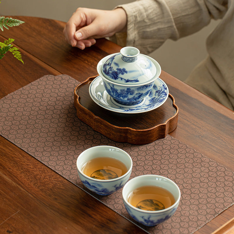 Authentic Jingdezhen Luxury Underglaze Blue & White Large Sancai Gaiwan & Tasting Cup Suite - 180ml Gaiwan Tea Bowl Set