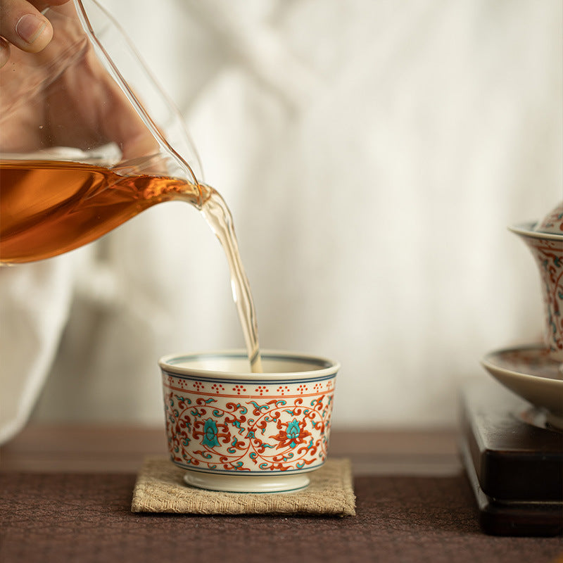 Authentic Jingdezhen Hand-Painted Polychrome Lotus Scroll High-Foot Master Tasting Cup - 70ml Gongfu Teacup