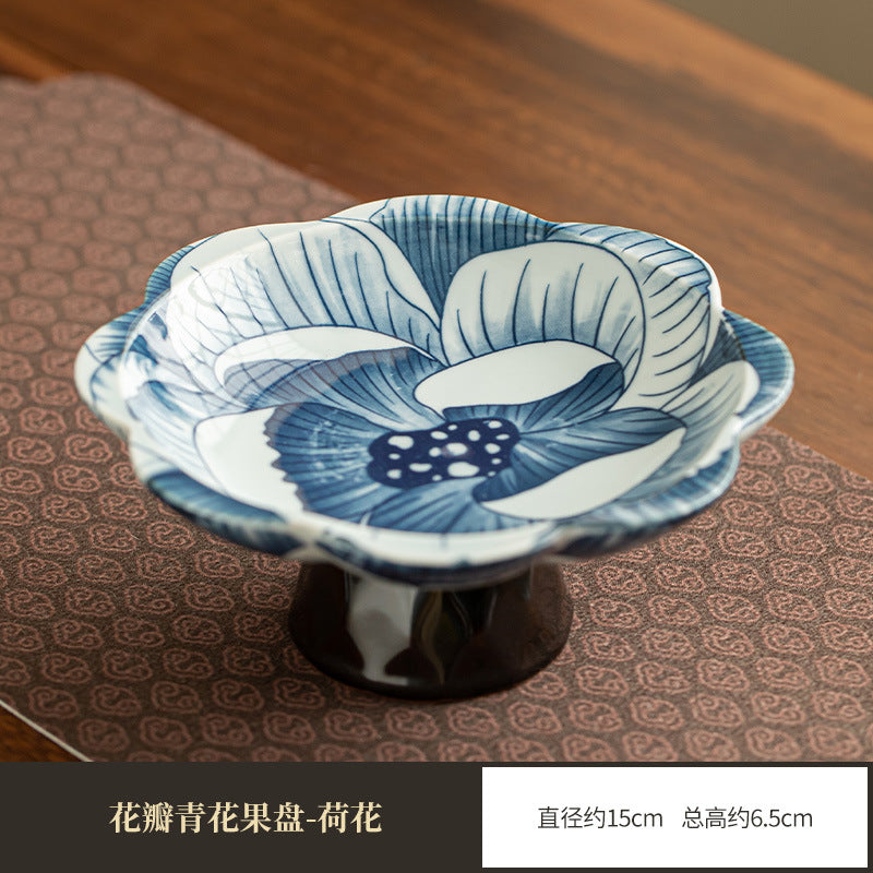 Authentic Jingdezhen Hand-Painted Blue & White High-Foot Ceramic Fruit & Pastry Tea Plate
