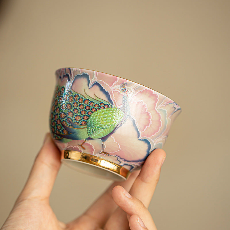 Authentic Jingdezhen Hand-Painted Enamel Peacock Yashou Master Teacup - 90ml Gongfu Teacup