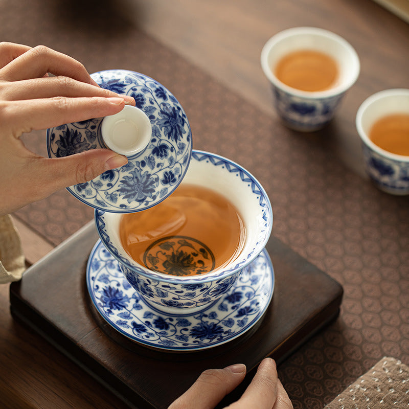 Authentic Jingdezhen Hand-Painted Blue & White Interlocking Lotus Hovering Sancai Gaiwan Tea Bowl - 160ml