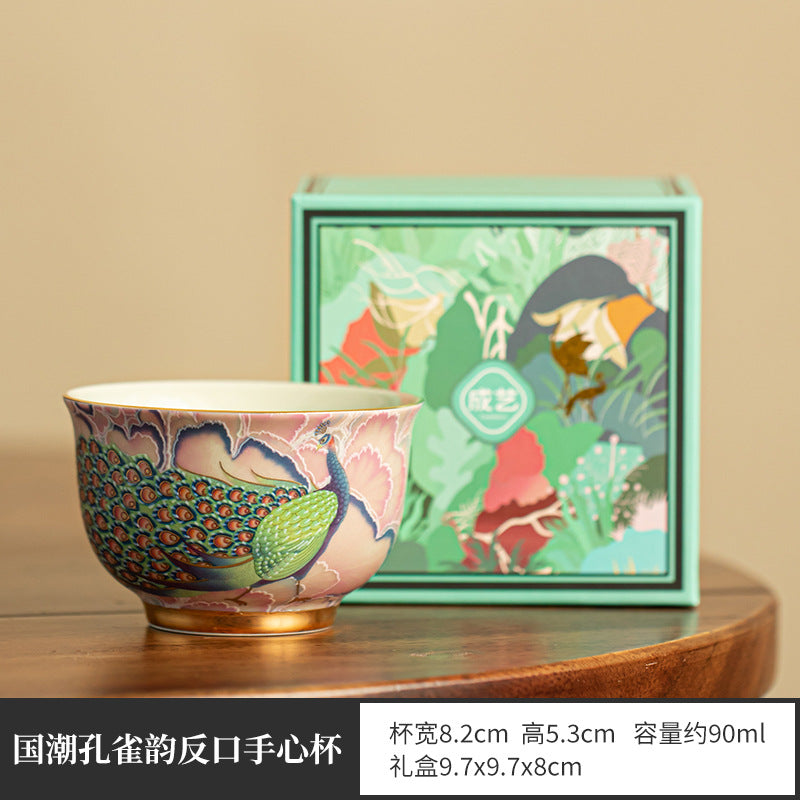 Authentic Jingdezhen Hand-Painted Enamel Peacock Yashou Master Teacup - 90ml Gongfu Teacup