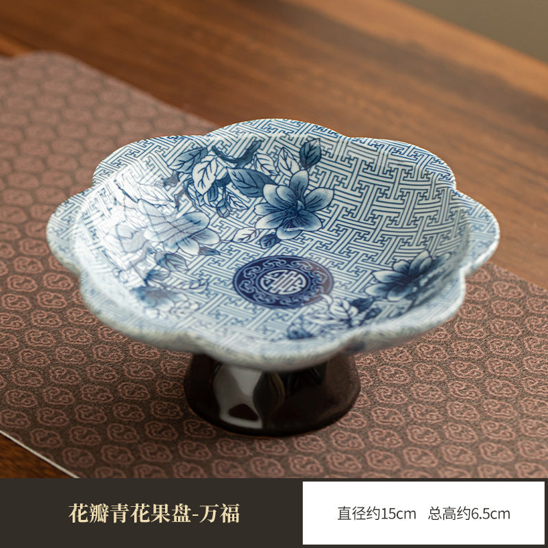 Authentic Jingdezhen Hand-Painted Blue & White High-Foot Ceramic Fruit & Pastry Tea Plate