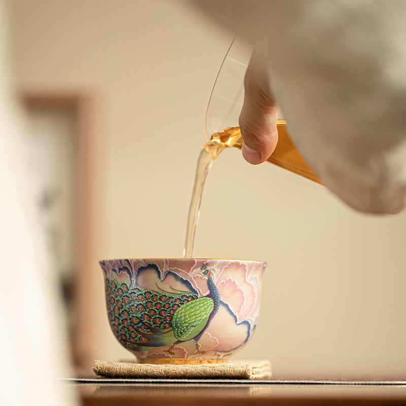 Authentic Jingdezhen Hand-Painted Enamel Peacock Yashou Master Teacup - 90ml Gongfu Teacup