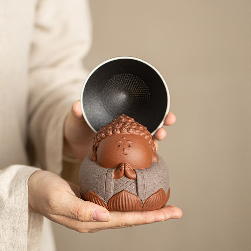 Handcrafted Dehua Coarse Stoneware Lotus Tea Strainer & Nurturable Tea Pet Set