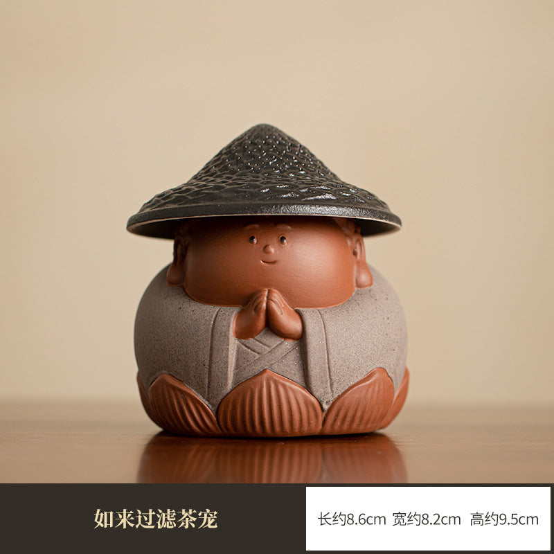 Handcrafted Dehua Coarse Stoneware Lotus Tea Strainer & Nurturable Tea Pet Set