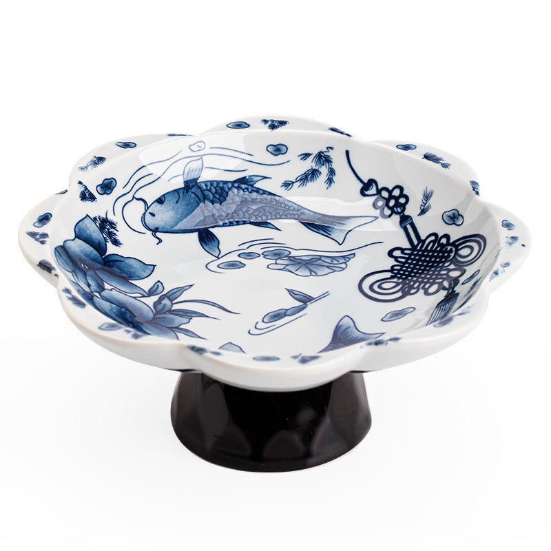 Authentic Jingdezhen Hand-Painted Blue & White High-Foot Ceramic Fruit & Pastry Tea Plate