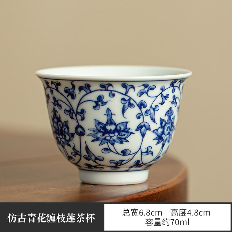 Authentic Jingdezhen Handcrafted Blue & White Interlocking Lotus Yashou Master Teacup - 95ml Gongfu Teacup