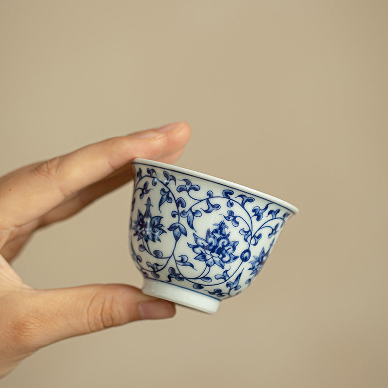 Authentic Jingdezhen Handcrafted Blue & White Interlocking Lotus Yashou Master Teacup - 95ml Gongfu Teacup
