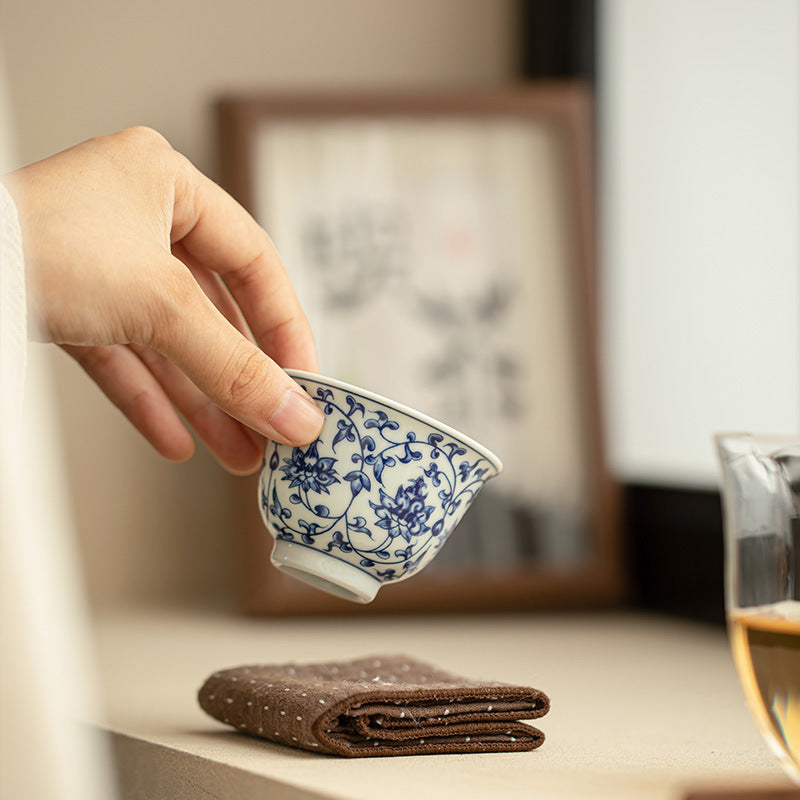 Authentic Jingdezhen Handcrafted Blue & White Interlocking Lotus Yashou Master Teacup - 95ml Gongfu Teacup