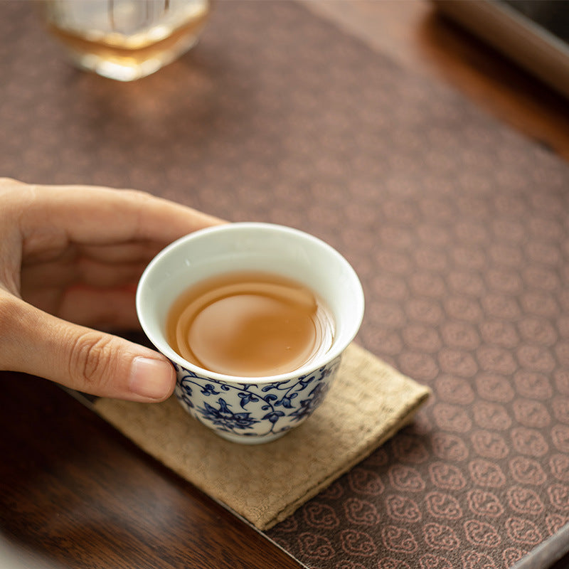 Authentic Jingdezhen Handcrafted Blue & White Interlocking Lotus Yashou Master Teacup - 95ml Gongfu Teacup