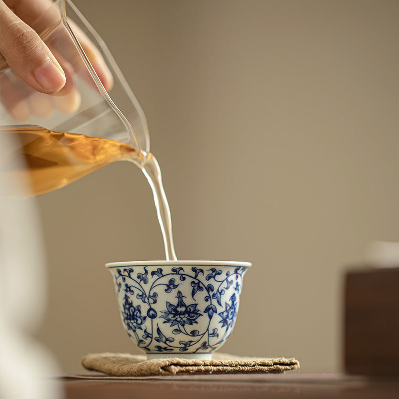 Authentic Jingdezhen Handcrafted Blue & White Interlocking Lotus Yashou Master Teacup - 95ml Gongfu Teacup
