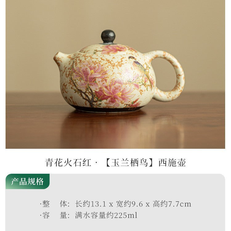 Authentic Jingdezhen Flint Red Blue & White Magnolia Xishi Teapot - 200ml Gongfu Teapot