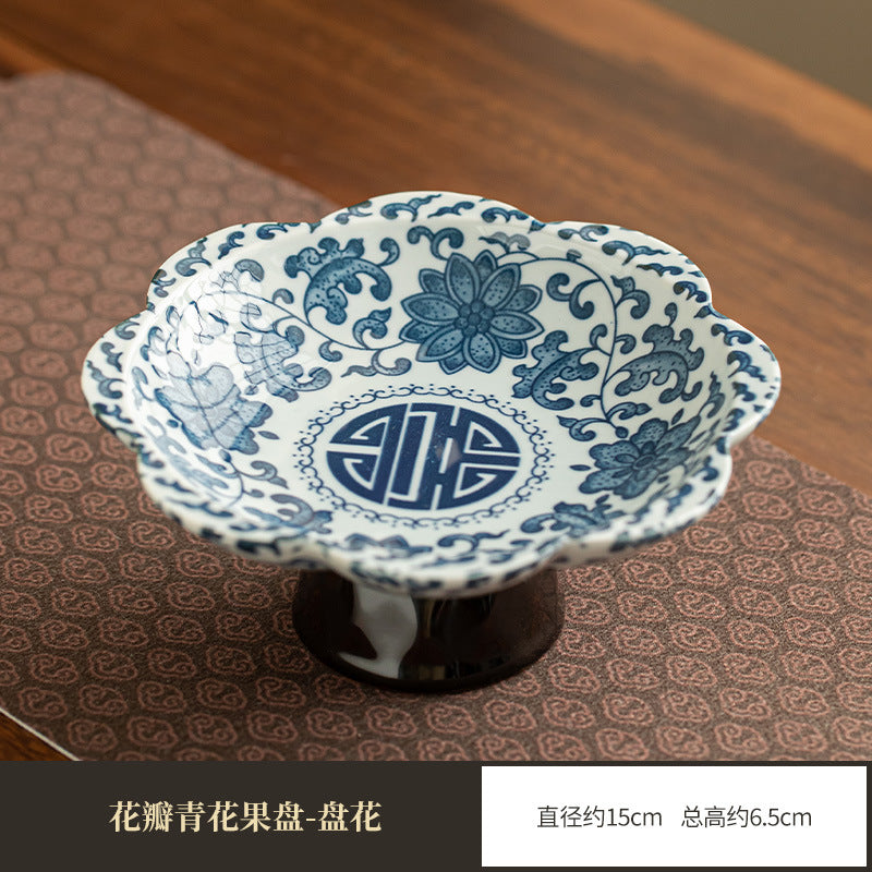 Authentic Jingdezhen Hand-Painted Blue & White High-Foot Ceramic Fruit & Pastry Tea Plate