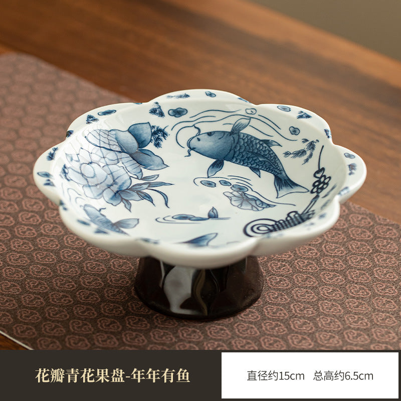 Authentic Jingdezhen Hand-Painted Blue & White High-Foot Ceramic Fruit & Pastry Tea Plate