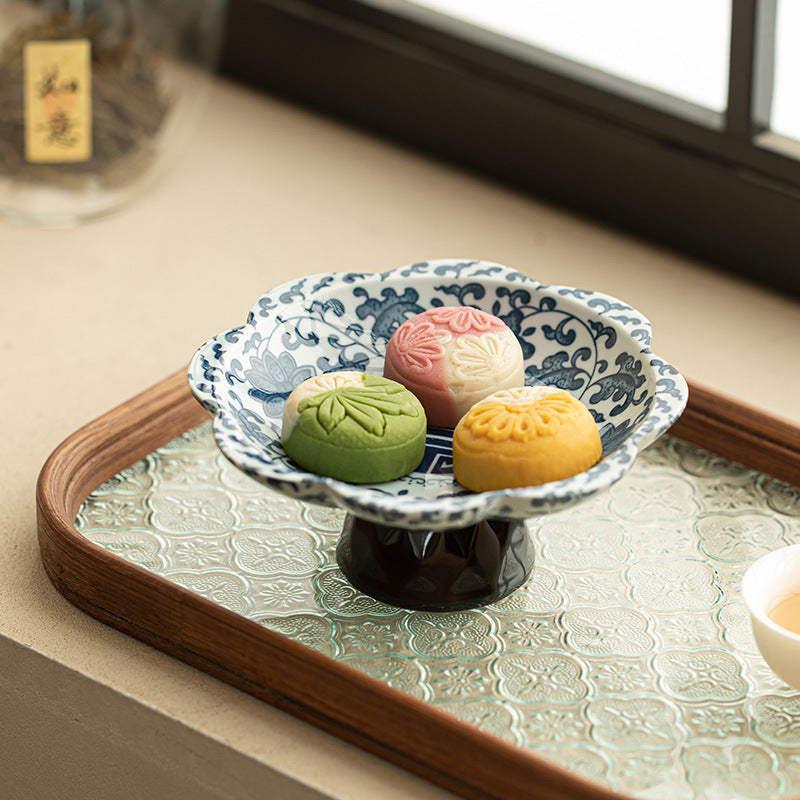 Authentic Jingdezhen Hand-Painted Blue & White High-Foot Ceramic Fruit & Pastry Tea Plate