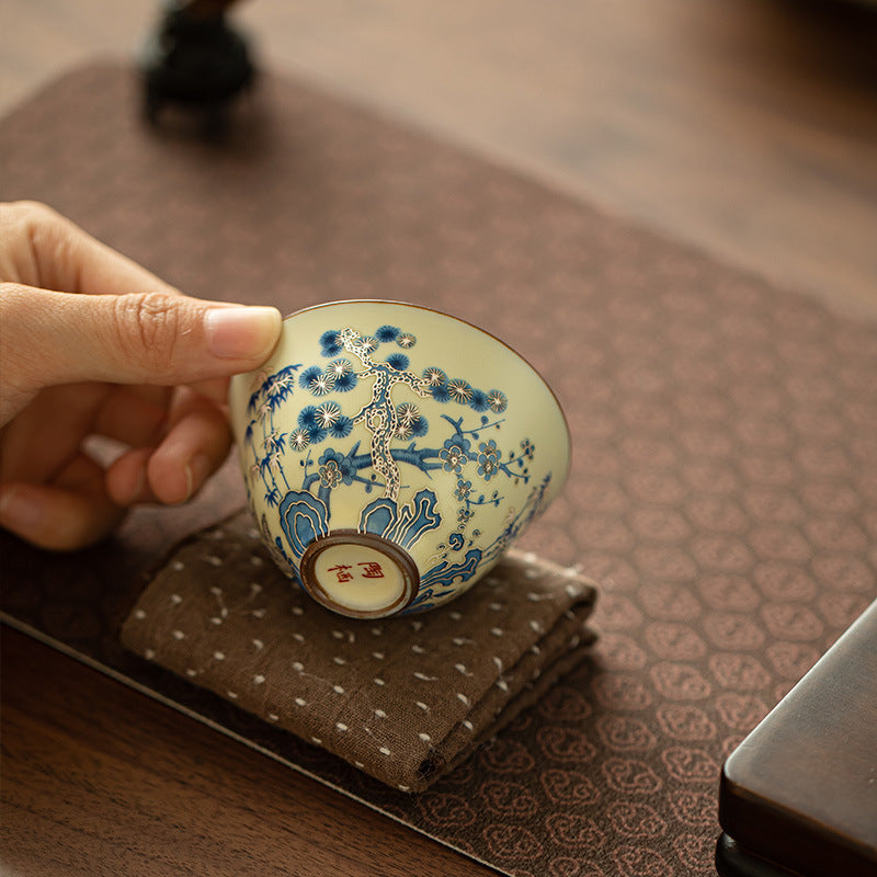Authentic Jingdezhen Hand-Painted Blue & White Three Friends of Winter Master Teacup - 85ml Gongfu Teacup