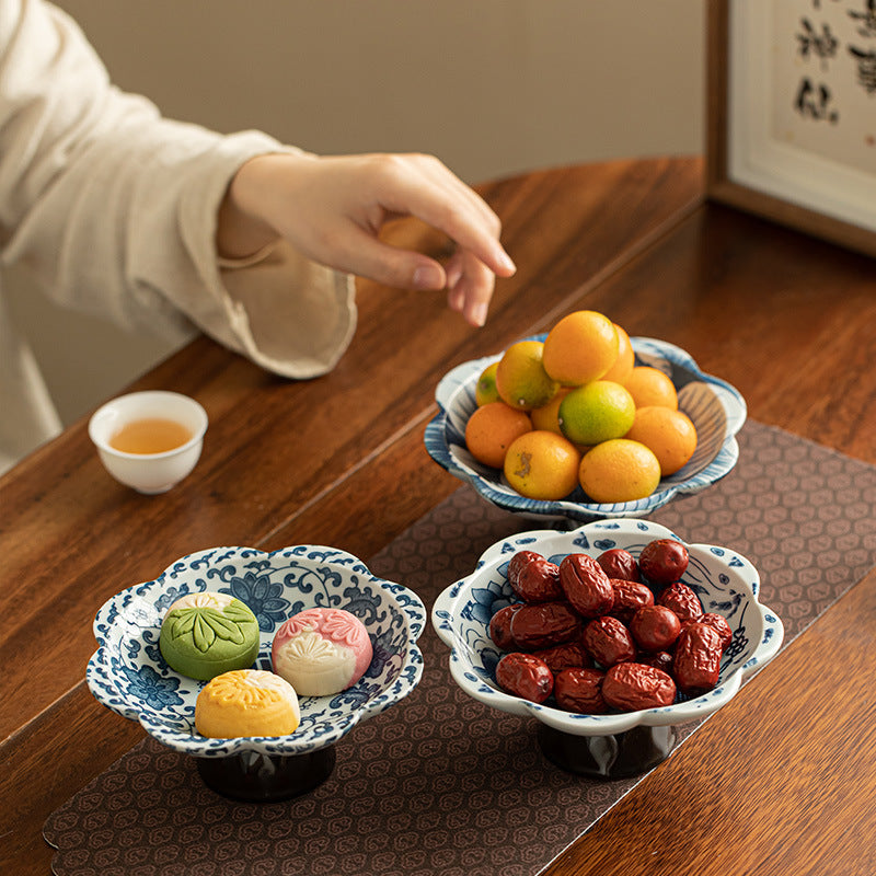 Authentic Jingdezhen Hand-Painted Blue & White High-Foot Ceramic Fruit & Pastry Tea Plate