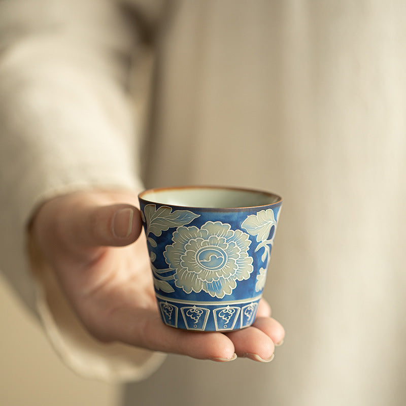 Authentic Jingdezhen Yuan Blue & White Peony Ru Ware Crackle Master Teacup - 85ml Gongfu Teacup