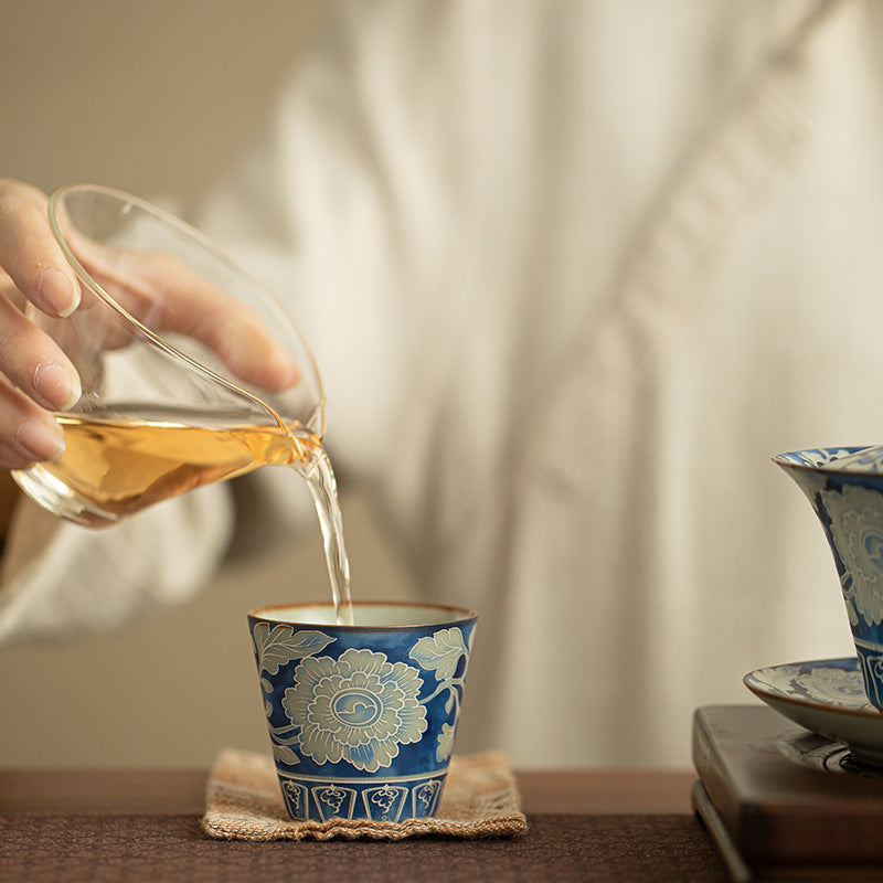 Authentic Jingdezhen Yuan Blue & White Peony Ru Ware Crackle Master Teacup - 85ml Gongfu Teacup