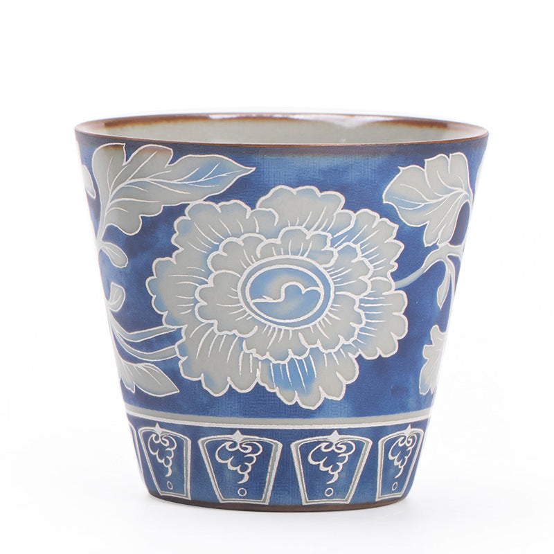 Authentic Jingdezhen Yuan Blue & White Peony Ru Ware Crackle Master Teacup - 85ml Gongfu Teacup
