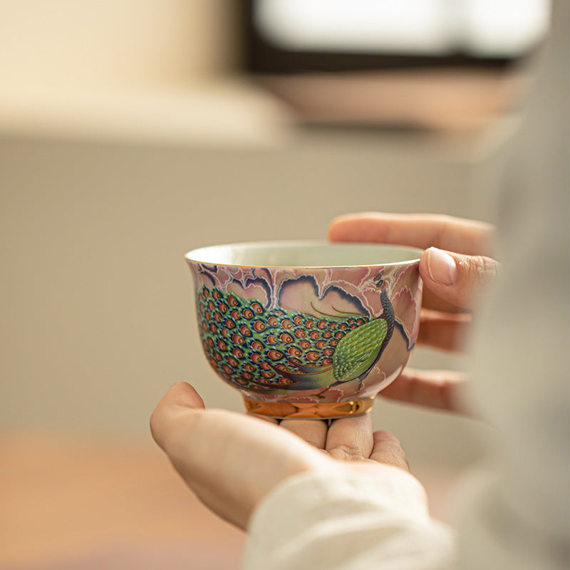 Authentic Jingdezhen Hand-Painted Enamel Peacock Yashou Master Teacup - 90ml Gongfu Teacup