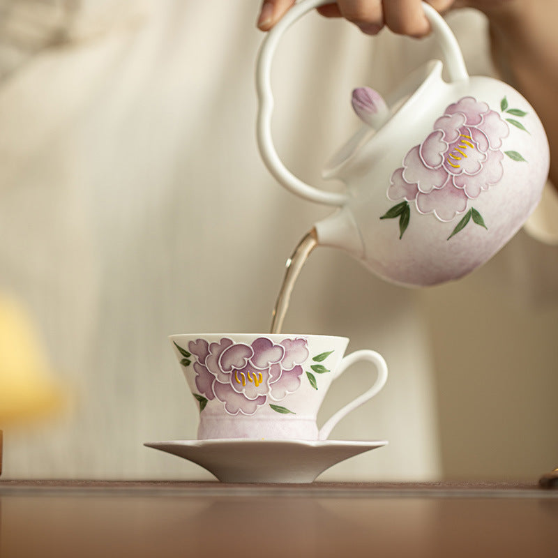 Authentic Jingdezhen Hand-Painted Peony Blossom Handled Master Teacup - 150ml Gongfu Teacup