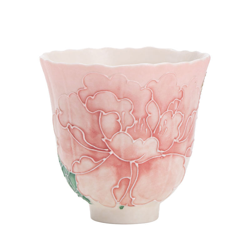 Authentic Jingdezhen Raw Mineral White Gradient Hand-Painted Peony Master Teacup - 90ml Gongfu Teacup