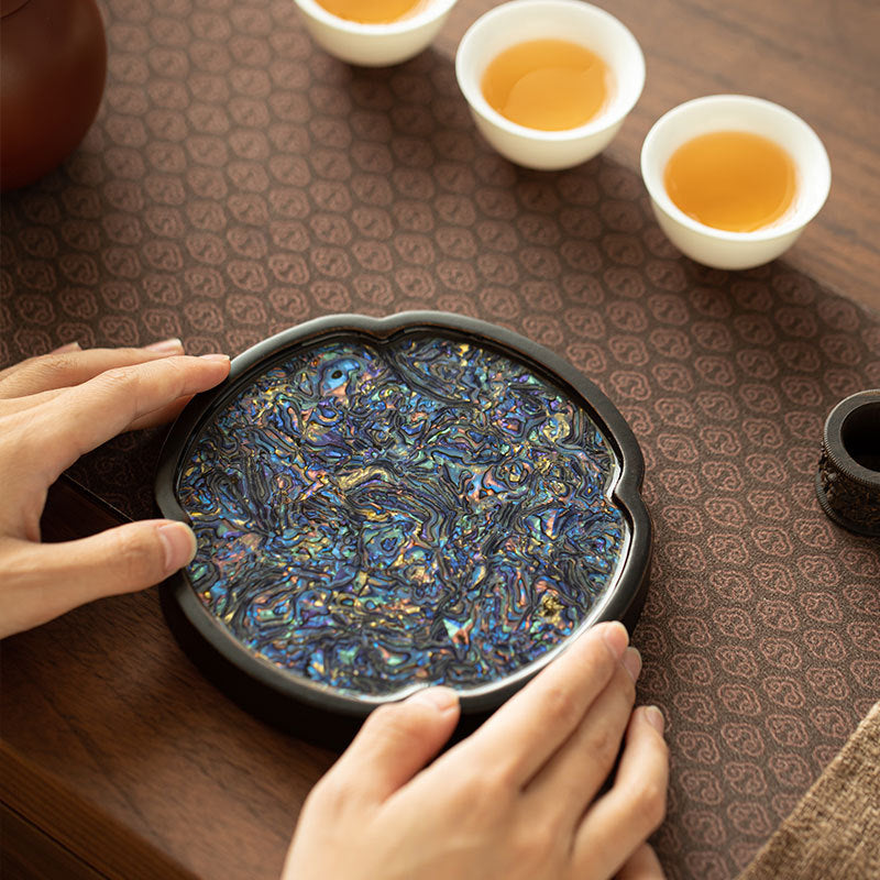 Neo-Chinese Mother-of-Pearl Inlay Begonia Bamboo Teaware Tray & Coaster Set