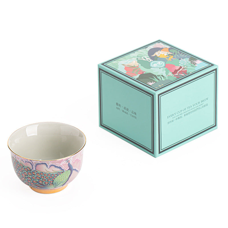 Authentic Jingdezhen Hand-Painted Enamel Peacock Yashou Master Teacup - 90ml Gongfu Teacup