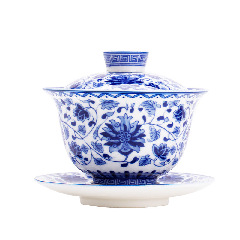 Authentic Jingdezhen Hand-Painted Blue & White Interlocking Lotus Hovering Sancai Gaiwan Tea Bowl - 160ml