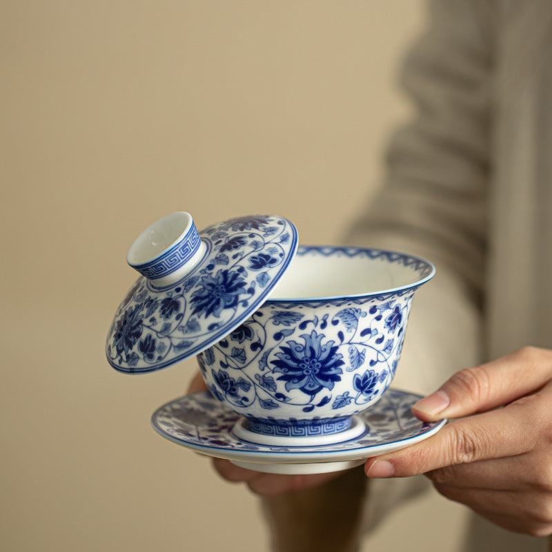 Authentic Jingdezhen Hand-Painted Blue & White Interlocking Lotus Hovering Sancai Gaiwan Tea Bowl - 160ml
