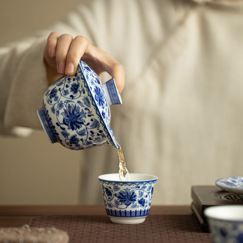 Authentic Jingdezhen Hand-Painted Blue & White Interlocking Lotus Hovering Sancai Gaiwan Tea Bowl - 160ml