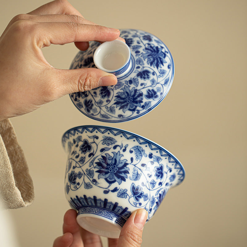 Authentic Jingdezhen Hand-Painted Blue & White Interlocking Lotus Hovering Sancai Gaiwan Tea Bowl - 160ml