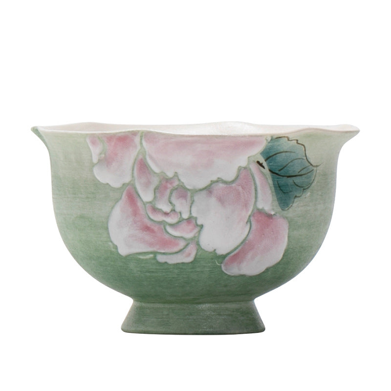Authentic Hand-Painted Peony Pedestal High-Stem Master Teacup - 75ml Anti-Scald Gongfu Cup