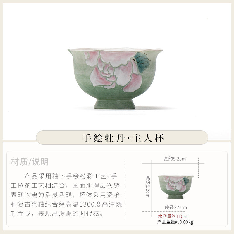 Authentic Hand-Painted Peony Pedestal High-Stem Master Teacup - 75ml Anti-Scald Gongfu Cup