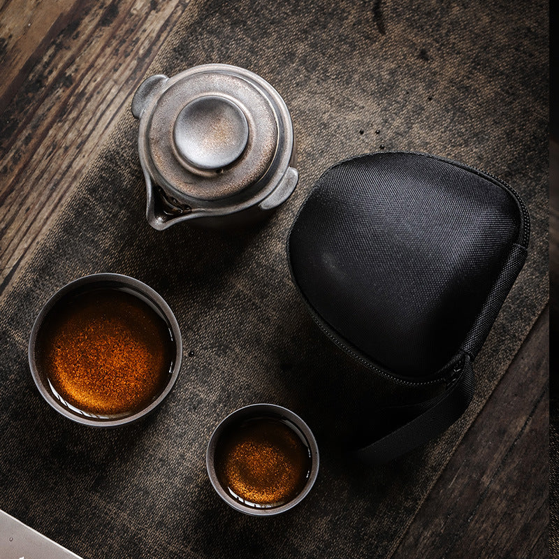 Authentic Coarse Stoneware Quick Kuai Ke Portable Travel Tea Set - 1 Pot + 2 Cups with Travel Case