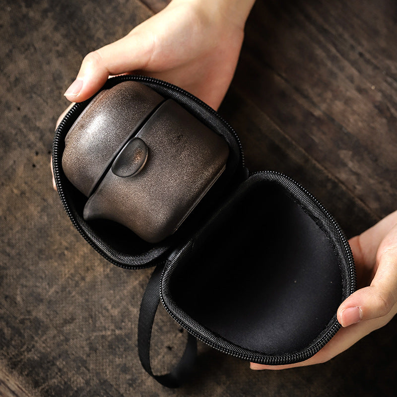 Authentic Coarse Stoneware Quick Kuai Ke Portable Travel Tea Set - 1 Pot + 2 Cups with Travel Case