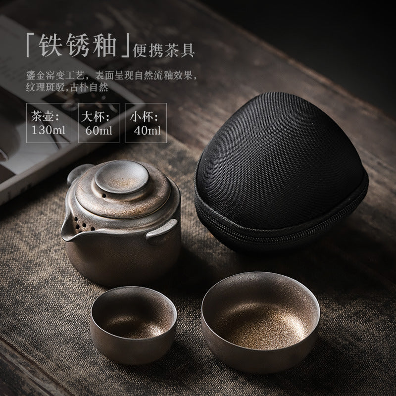 Authentic Coarse Stoneware Quick Kuai Ke Portable Travel Tea Set - 1 Pot + 2 Cups with Travel Case