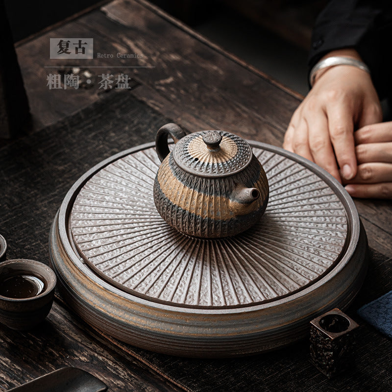 Authentic Vintage Chinese Ceramic Circular Water-Storage Dry-Brewing Tea Tray - 24cm Teaware