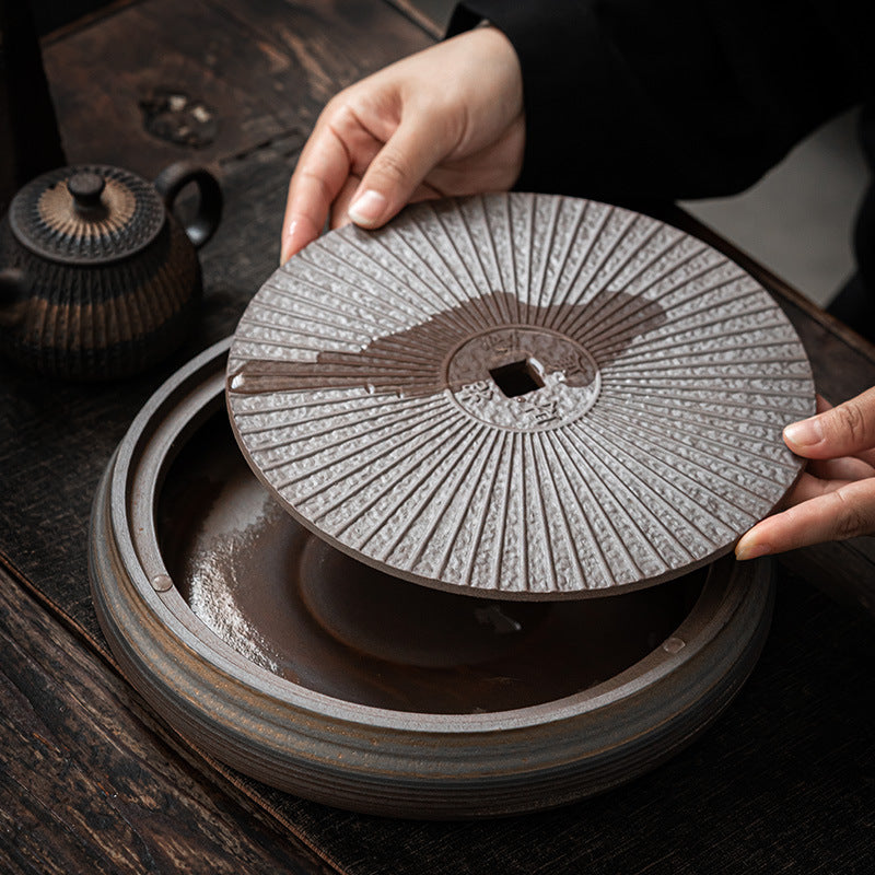 Authentic Vintage Chinese Ceramic Circular Water-Storage Dry-Brewing Tea Tray - 24cm Teaware
