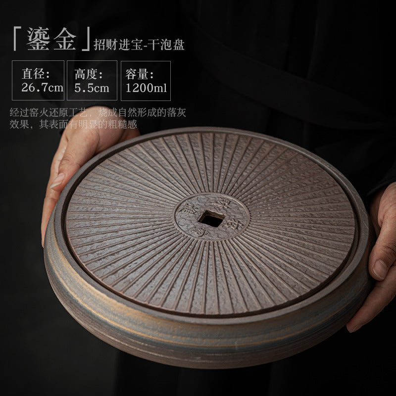 Authentic Vintage Chinese Ceramic Circular Water-Storage Dry-Brewing Tea Tray - 24cm Teaware