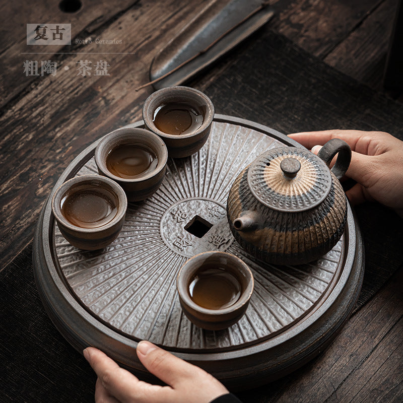 Authentic Vintage Chinese Ceramic Circular Water-Storage Dry-Brewing Tea Tray - 24cm Teaware