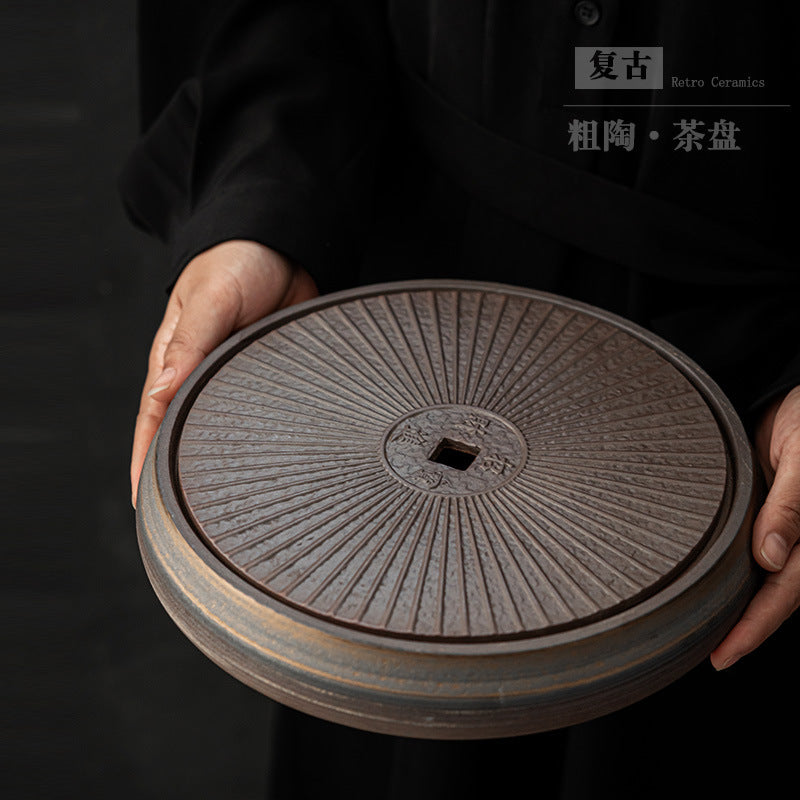 Authentic Vintage Chinese Ceramic Circular Water-Storage Dry-Brewing Tea Tray - 24cm Teaware