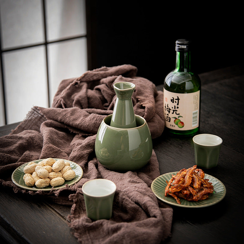 Authentic Ceramic Wine Warmer Flask & Cups Set - Complete Chinese Liquor Serving Suite